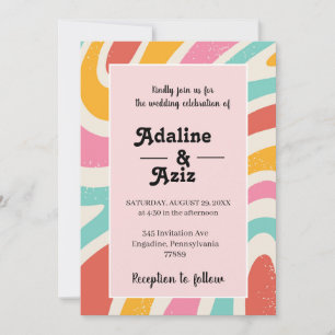 Retro Groovy 70er Jahre Wellige Farbige Hochzeit Einladung