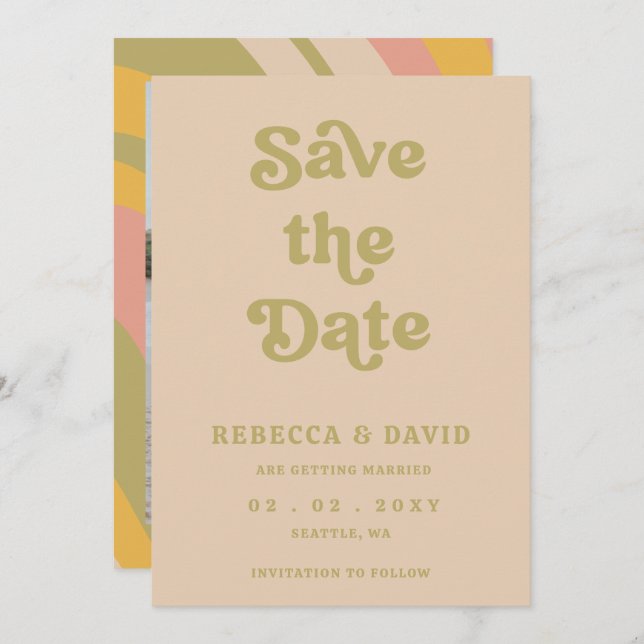 Retro Groovy 70er Niedlich Green Foto Hochzeit Save The Date (Vorne/Hinten)