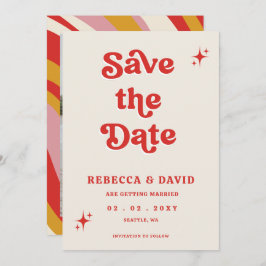 Retro Groovy 70er Niedlich Ivory Red Foto Wedding Save The Date