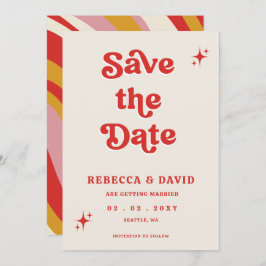 Retro Groovy 70er Niedlich Ivory Red Pink Wedding Save The Date