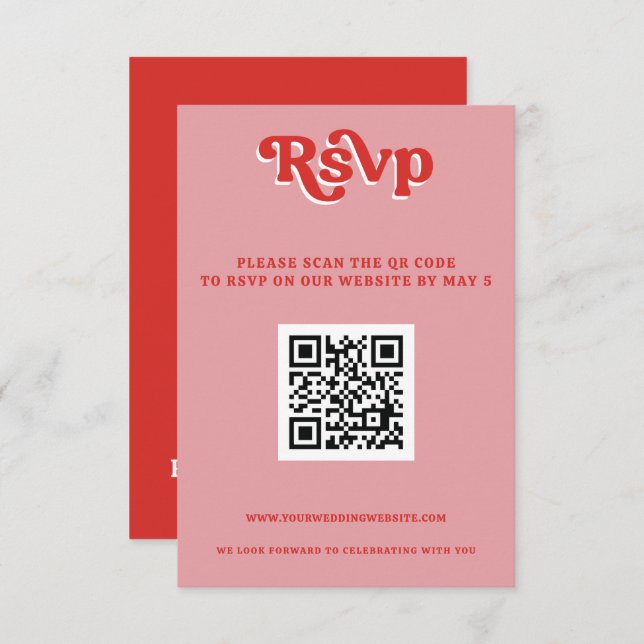 Retro Groovy 70er Niedlich Rosa und Rot QR-Code RSVP Karte (Vorne/Hinten)