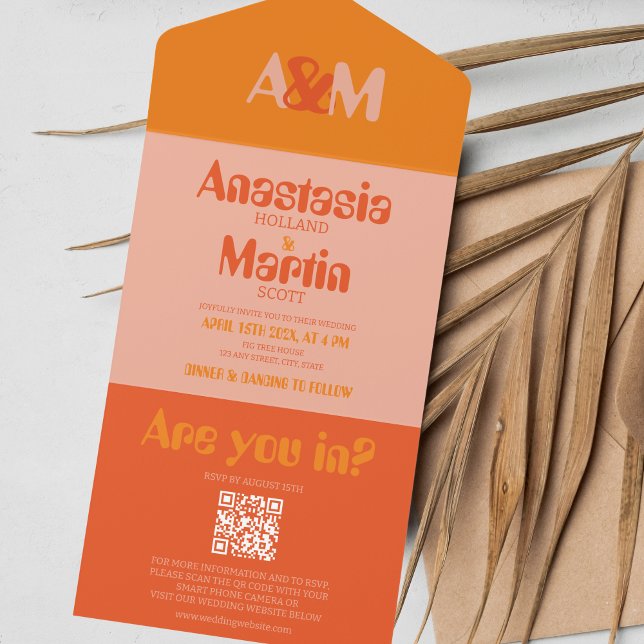 Retro Groovy 70er Orange Bold QR Wedding All In One Einladung (Retro Orange All-in-one Wedding Invitation)