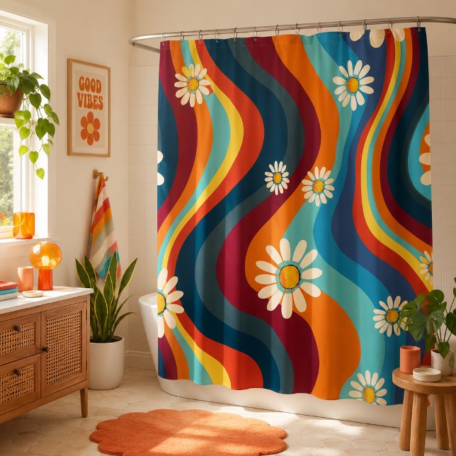 Retro Groovy 70er Regenbogen Gänseblümchen Duschvorhang (Von Creator hochgeladen)