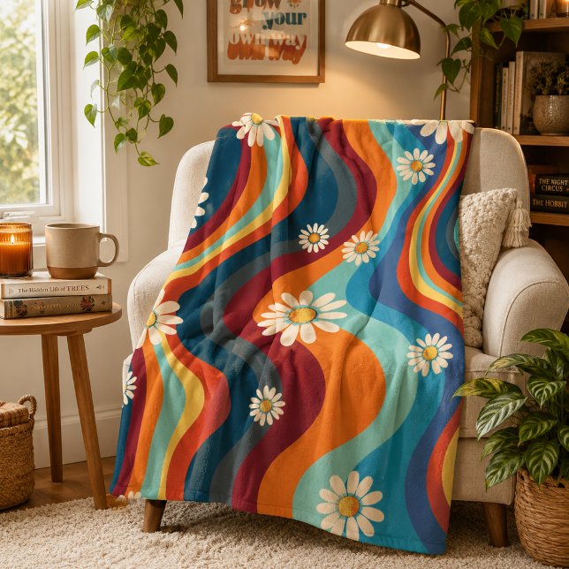 Retro Groovy 70er Regenbogen Gänseblümchen Fleecedecke (Von Creator hochgeladen)