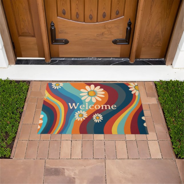 Retro Groovy 70er Regenbogen Gänseblümchen Fußmatte (Außenbereich)
