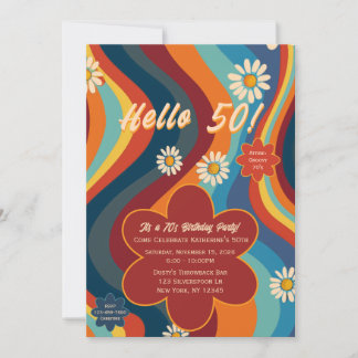 Retro Groovy 70er Regenbogen-Gänseblümchen-Geburts Einladung