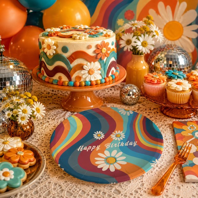 Retro Groovy 70er Regenbogen-Gänseblümchen-Geburts Pappteller (Von Creator hochgeladen)