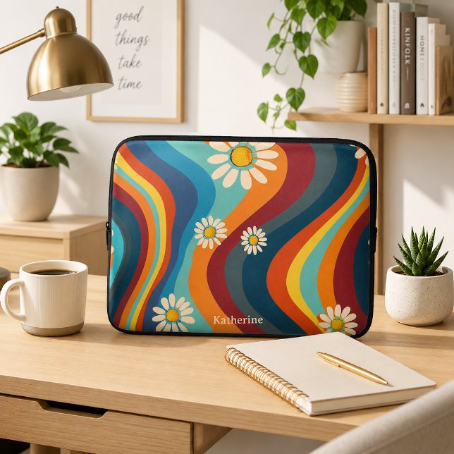 Retro Groovy 70er Regenbogen Gänseblümchen  Laptopschutzhülle (Von Creator hochgeladen)