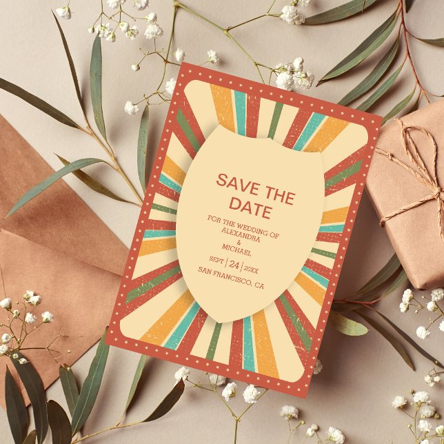 Retro Groovy 70er Themed Mutes Hochzeit Save The Date (Von Creator hochgeladen)