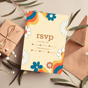Retro Groovy 70er Themed Mutes Tones Wedding RSVP Karte