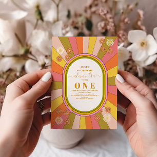 Retro Groovy 70's Themed Mned Tones 1. Geburtstag Einladung