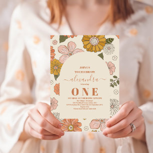 Retro Groovy 70's Themed Mned Tones 1. Geburtstag Einladung