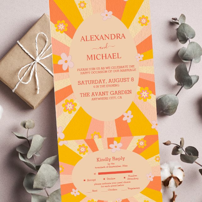 Retro Groovy 70's Themed Orange Gelbe Hochzeit All In One Einladung (Von Creator hochgeladen)