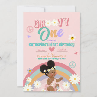 Retro Groovy Afro Girl I zum ersten Geburtstag Einladung
