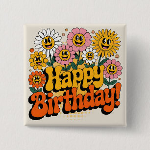 Retro Groovy Alles Gute zum Geburtstag Florales De Button