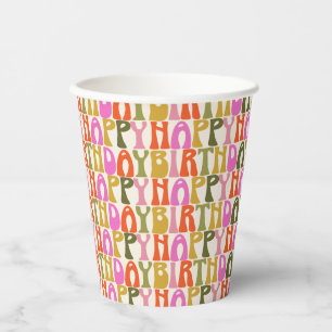 Retro Groovy Alles Gute zum Geburtstag Pink Orange Pappbecher