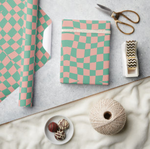 retro groovy aqua rosa gewellt kariert geschenkpapier