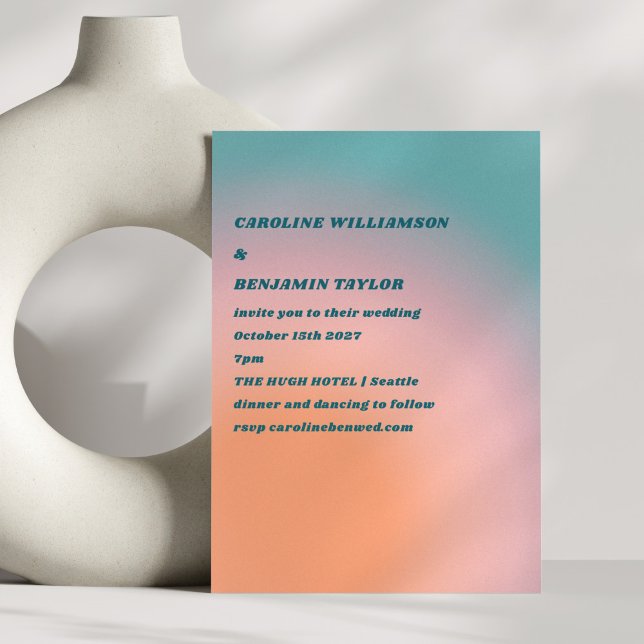 Retro Groovy Aquamarin Pink Orange Gradient Weddin Einladung (Von Creator hochgeladen)