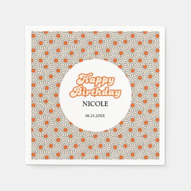 Retro Groovy Arch Bright Orange Daisy Birthday Serviette (Vorderseite)