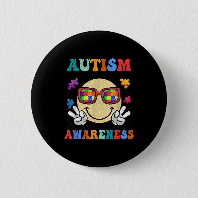 Retro groovy Autismus-Bewusstsein Akzeptanz Lächel Button (Vorderseite)