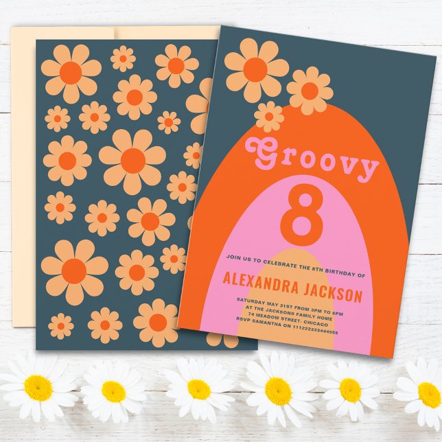 Retro Groovy Birthday Party Einladung (Groovy 8 retro daisy arch navy blue orange pink 8th birthday party invitation & groovy typography )