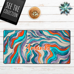 Retro Groovy Blau Orange Lila Wellig Skript Name Schreibtischunterlage