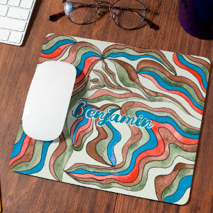 Retro Groovy Blau Rot Grün Wellige Schrift Name Mousepad
