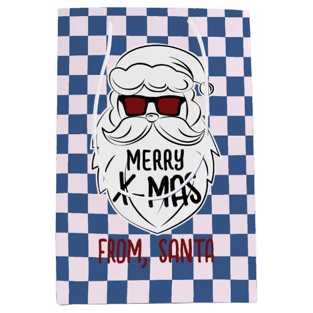 Retro Groovy Blue Checkered Santa Claus Christmas  Mittlere Geschenktüte (Vorderseite)