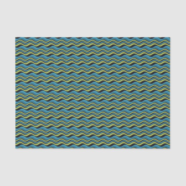 Retro Groovy Blue Green Grey Sea Waves Muster Seidenpapier (Vorderseite)