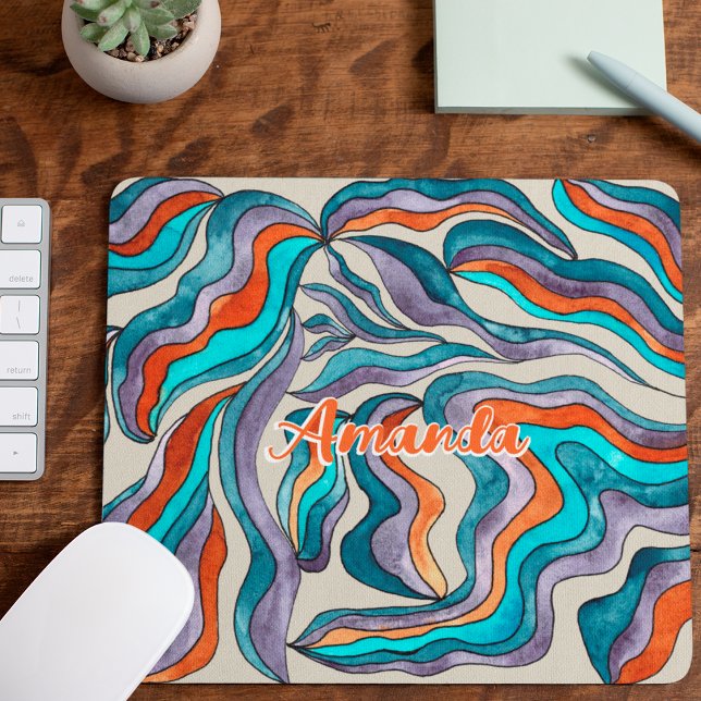 Retro Groovy Blue Orange Lila Wavy-Script-Name Mousepad (Front)