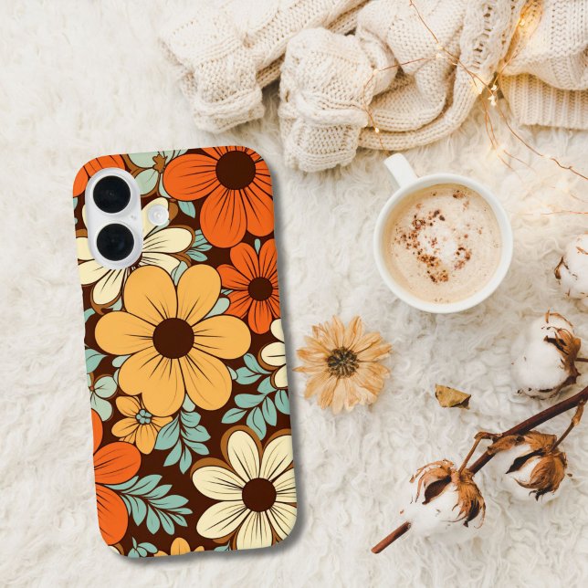 Retro Groovy Blume Florals Brown Yellow Orange Case-Mate iPhone Hülle (Retro Groovy Floral Flowers Brown Orange Yellow Beige Blue iPhone case)