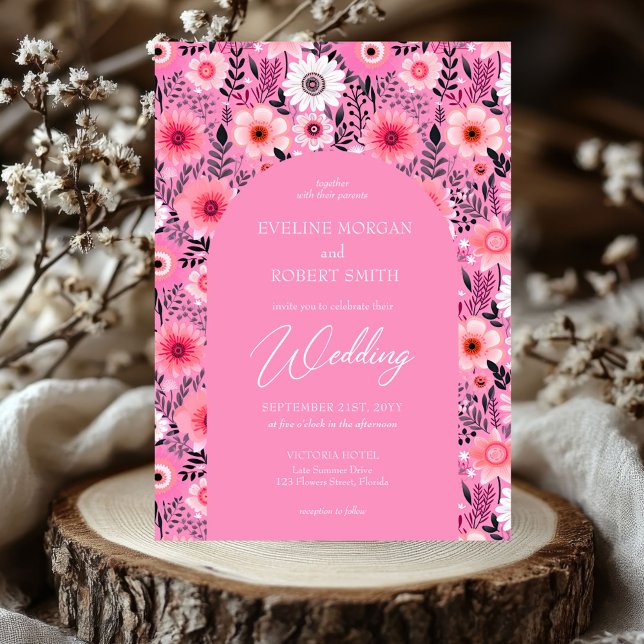 Retro Groovy Blume in Rosa und Weiß Einladung (retro groovy hot pink and white flowers wedding invitation )