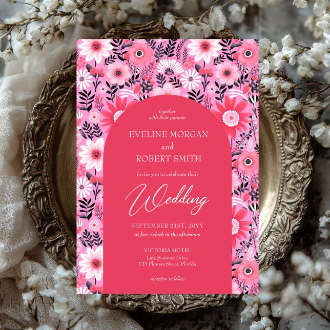 Retro Groovy Blume in Rosa und Weiß Einladung (retro groovy hot pink and white flowers wedding invitation)