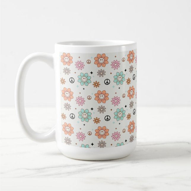 Retro Groovy Blume & Peace Signs Kaffee Tasse (Links)