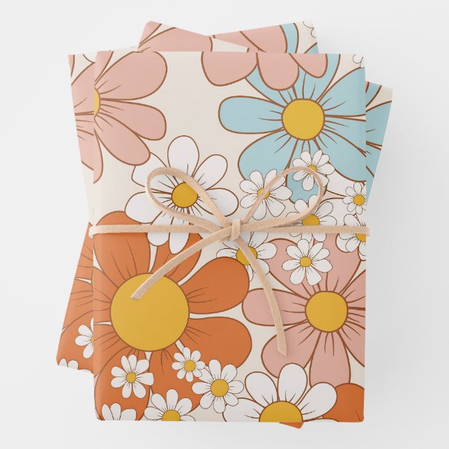 Retro Groovy Blumen-Daisy-Nahtloses Muster Geschenkpapier Set (Beispiel)
