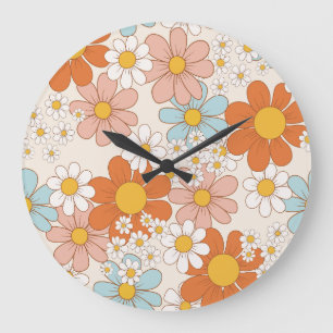 Retro Groovy Blumen-Daisy-Nahtloses Muster Große Wanduhr