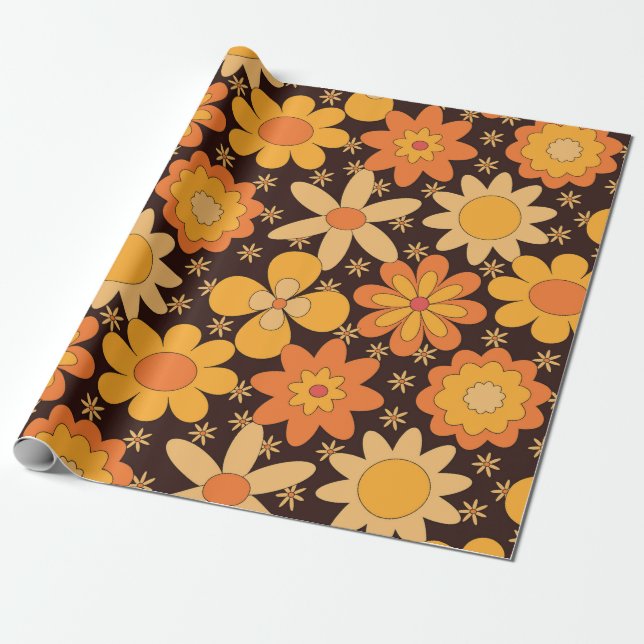 Retro Groovy Blumenmuster Gelb und Orange Geschenkpapier (Ungerollt)