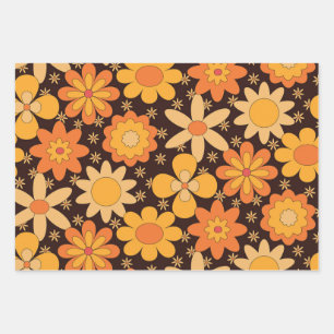 Retro Groovy Blumenmuster Gelb und Orange Geschenkpapier Set