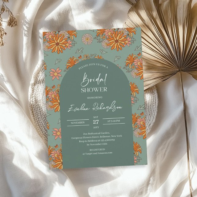 Retro groovy boho arch dusty grün orange gelb einladung (Retro groovy boho arch dusty green orange yellow invitation)