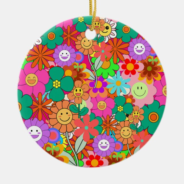 Retro Groovy Boho Hippie Blume Keramik Ornament (Vorne)