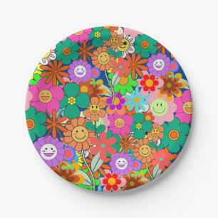 Retro Groovy Boho Hippie Blume Pappteller