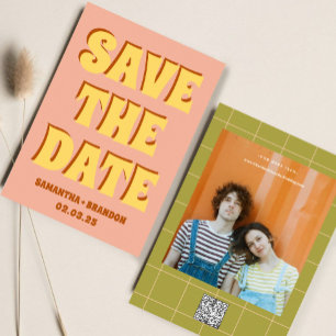 Retro Groovy Bold & Bright Boho Wedding Qr Code Save The Date