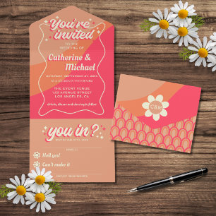 Retro Groovy Bold Typografy Colorful 70er Hochzeit All In One Einladung