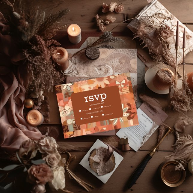 Retro Groovy brennen orange Blumenhochzeit RSVP Karte (Von Creator hochgeladen)