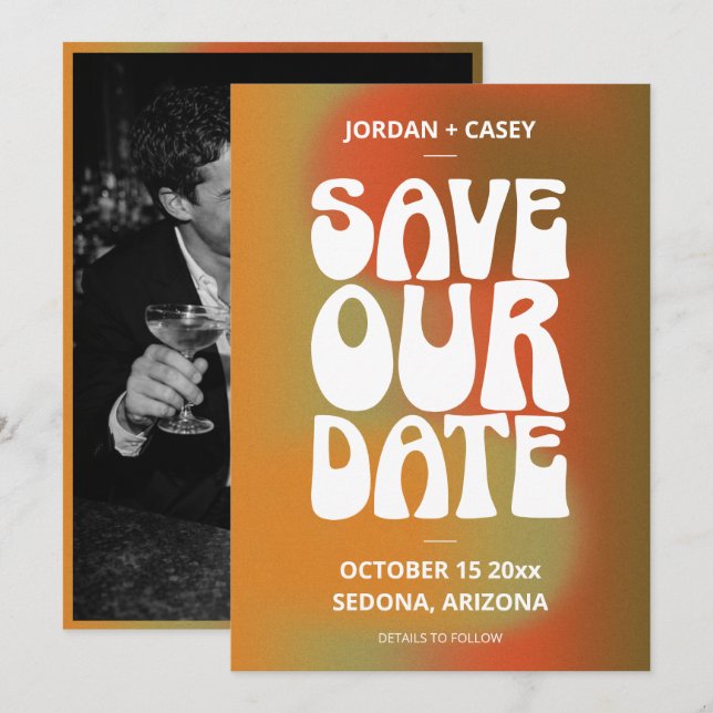 Retro Groovy Burnt Orange Fall Photo Wedding Save The Date (Vorne/Hinten)