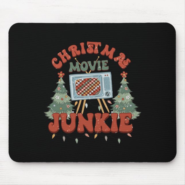 Retro Groovy Christmas Movie Junkie Merry Xmas Tre Mousepad (Vorne)
