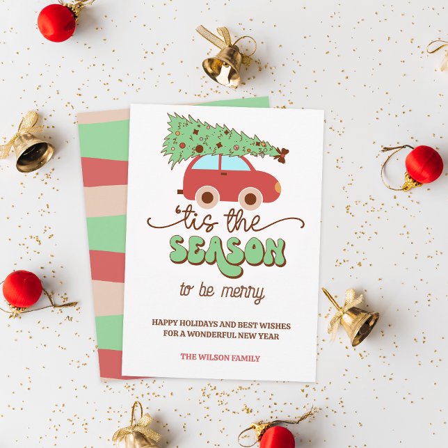 Retro Groovy Christmas Tree Car Das ist die Jahres (Retro Groovy Christmas Tree Car Tis the Season Holiday Card)
