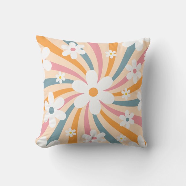 Retro Groovy Colorful Sunshine Daisy Floral Hippie Kissen (Vorderseite)