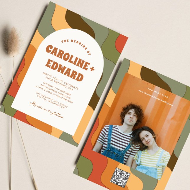 Retro Groovy Colorful Wavy Boho Wedding Qr Code Einladung (Von Creator hochgeladen)