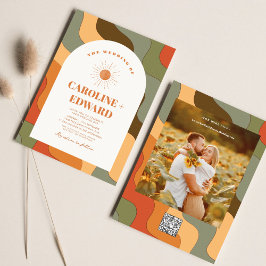 Retro Groovy Colorful Wavy Boho Wedding Qr Code Einladung